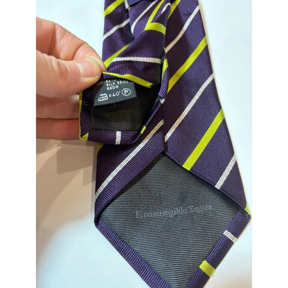 Ermenegildo Zegna Silk Tie Italy Purple Stripe Designer Luxury